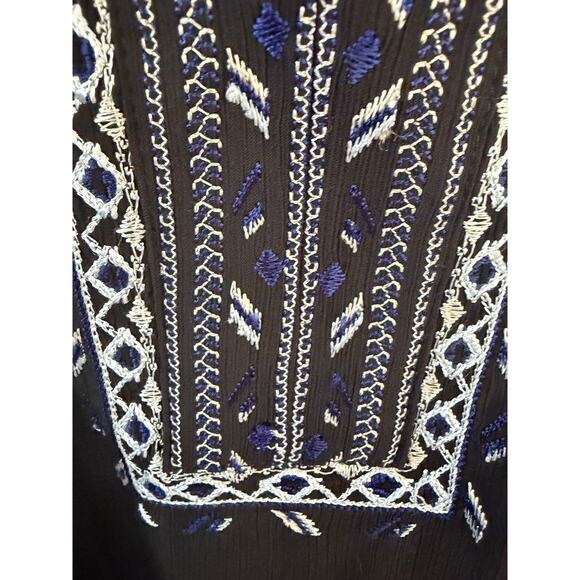 White House Black Market Size 12 Black Embroidered Boho Blouse Sheer Sleeve Top - Picture 3 of 5